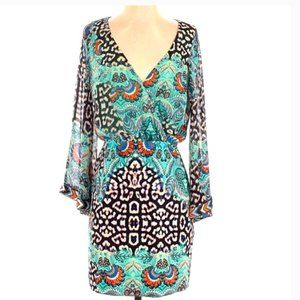 Bebe Dress with Heavy Beaded Bell Sleeves  - Color: Green Peacock, Size: Small